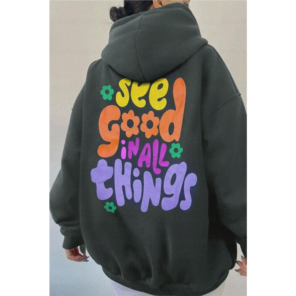 celestial sun moon Kadın Antrasit See Good Baskılı 3 iplik Şardonlu Kapüşonlu Oversize Salaş Bol Kesim Hoodie Sweatshir XS-S Beden Bayan Sweatshirt Fiyatı
