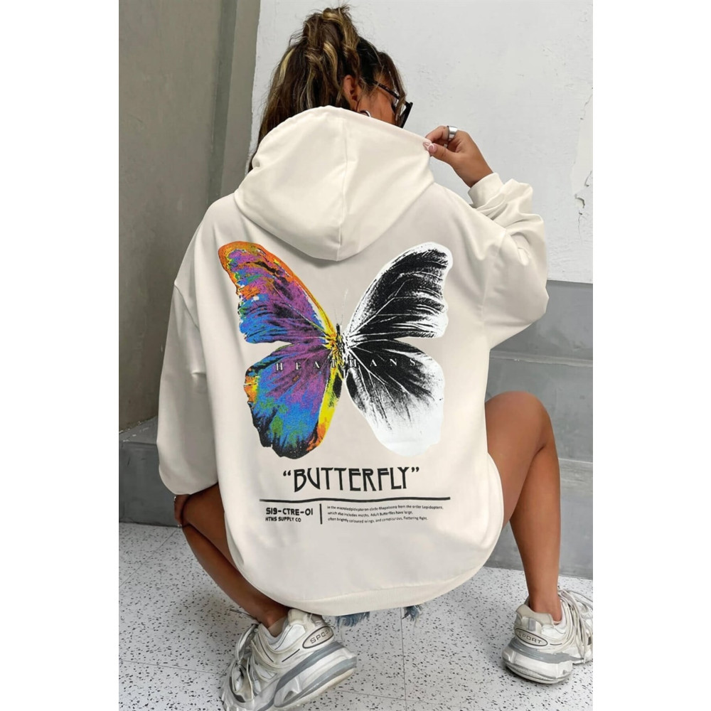 celestial sun moon Kadın Ekru Kelebek Baskılı 3 Iplik Şardonlu Kapüşonlu Kanguru Oversize Salaş Hoodie Sweatshirt XL-XXL Beden Bayan Sweatshirt Fiyatı