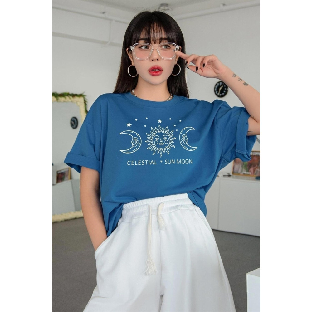 celestial sun moon Kadın Petrol Mavisi Oversize Celestial Sun Moon Baskılı T-shirt - L Beden Bayan T-shirt Fiyatı