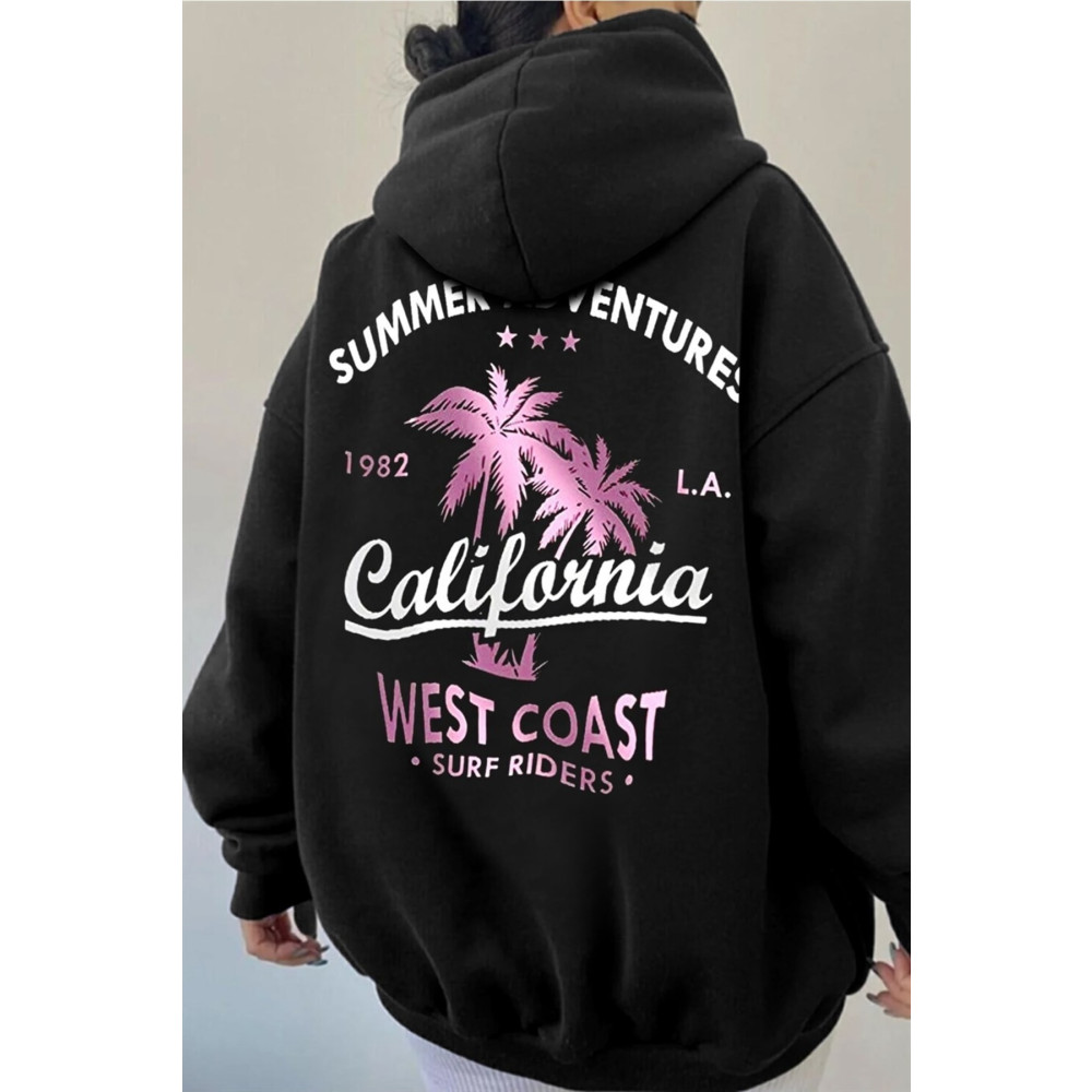 celestial sun moon Kadın Siyah Palmiye California Baskılı 3 Iplik Şardonlu Kapüşonlu Oversize Salaş Bol Kesim Hoodie Sw XL-XXL Beden Bayan Sweatshirt Fiyatı