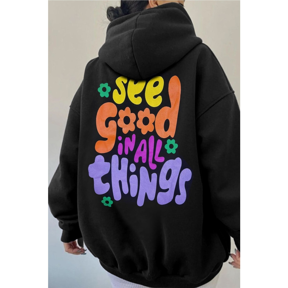 celestial sun moon Kadın Siyah See Good Baskılı 3 Iplik Şardonlu Kapüşonlu Oversize Salaş Bol Kesim Hoodie Sweatshirt XS-S Beden Bayan Sweatshirt Fiyatı