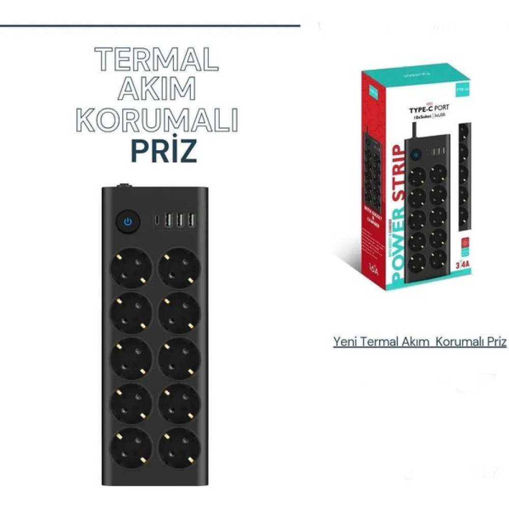 ÇELİKWORK 10'lu Priz, 3 x Usb, 3.4 Amper, 1 x Type-C Girişli 16A Akım Korumalı Uzatma Kablolu Priz Çoklayıcı - Siyah Prizler Fiyatı