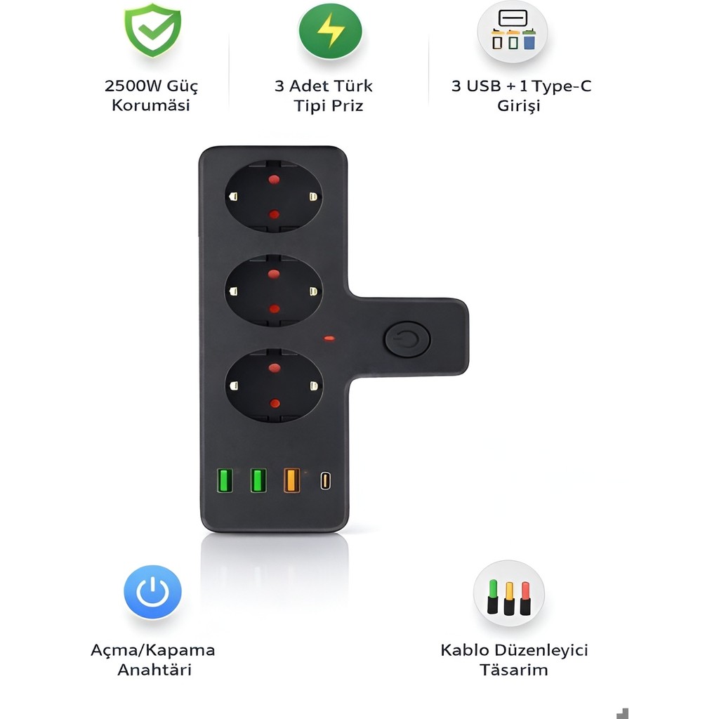 ÇELİKWORK 2500W 3 lü Priz Kablosuz 3xUSB 1xType-C Bakır İletken Çocuk Akım Korumalı Çoklu üçlü Priz - Siyah Bilgisayar Çevirici ve Adaptörü Fiyatı
