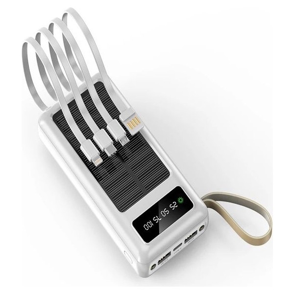 ÇELİKWORK 30.000 mAh Güneş Enerjili Powerbank 2 USB Type-C Lightning Mikro Kablolu Fenerli Taşınabilir Şarjlı! - Beyaz Bilgisayar Çevirici ve Adaptörü Fiyatı