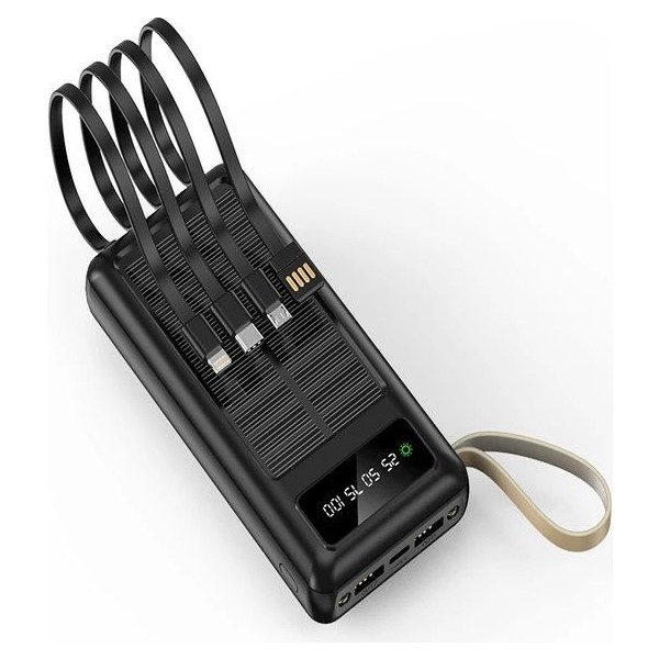 ÇELİKWORK 30.000 mAh Güneş Enerjili Powerbank 2 USB Type-C Lightning Mikro Kablolu Fenerli Taşınabilir Şarjlı! - Siyah Bilgisayar Çevirici ve Adaptörü Fiyatı