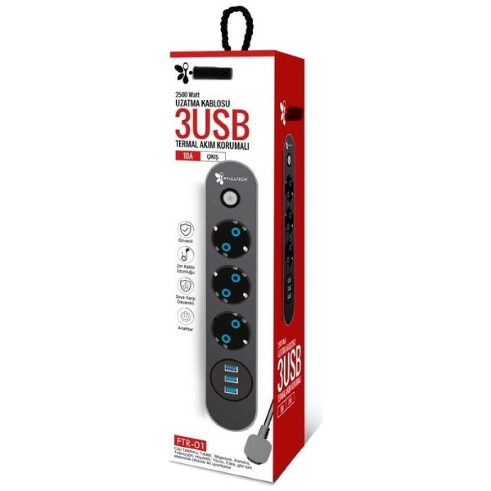 ÇELİKWORK FTR001 Termal Akım Korumalı 3'lü Priz 3 usb, 2 mt Kablo 10A, Sigortalı Çoklayıcı - Siyah Prizler Fiyatı