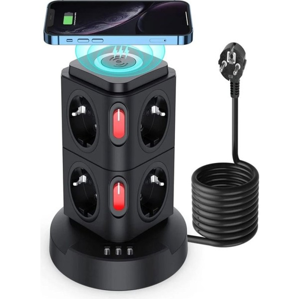 ÇELİKWORK Kule Tipi 1xusb-A, 2xtype-C, 8'li Priz, 10 Watt Wireless Kablosuz Şarj Çoklayıcı Ofis - Siyah Prizler Fiyatı