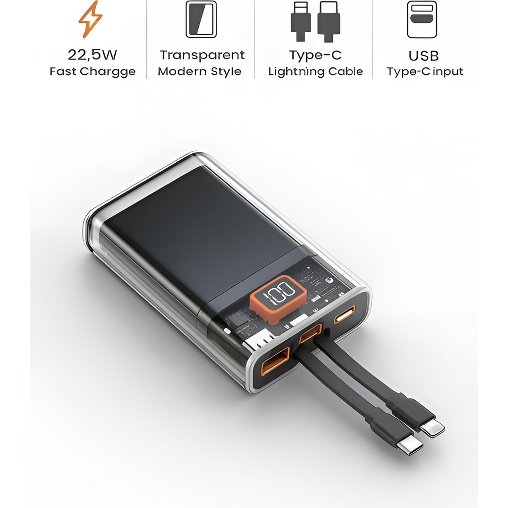 ÇELİKWORK LCD 22.5W Type-C & Lightning Kablolu Hızlı iPhone Şarj Aleti - 10,000mAh Taşınabilir Powerbank - Siyah Taşınabilir Şarj Cihazı - Powerbank Fiyatı