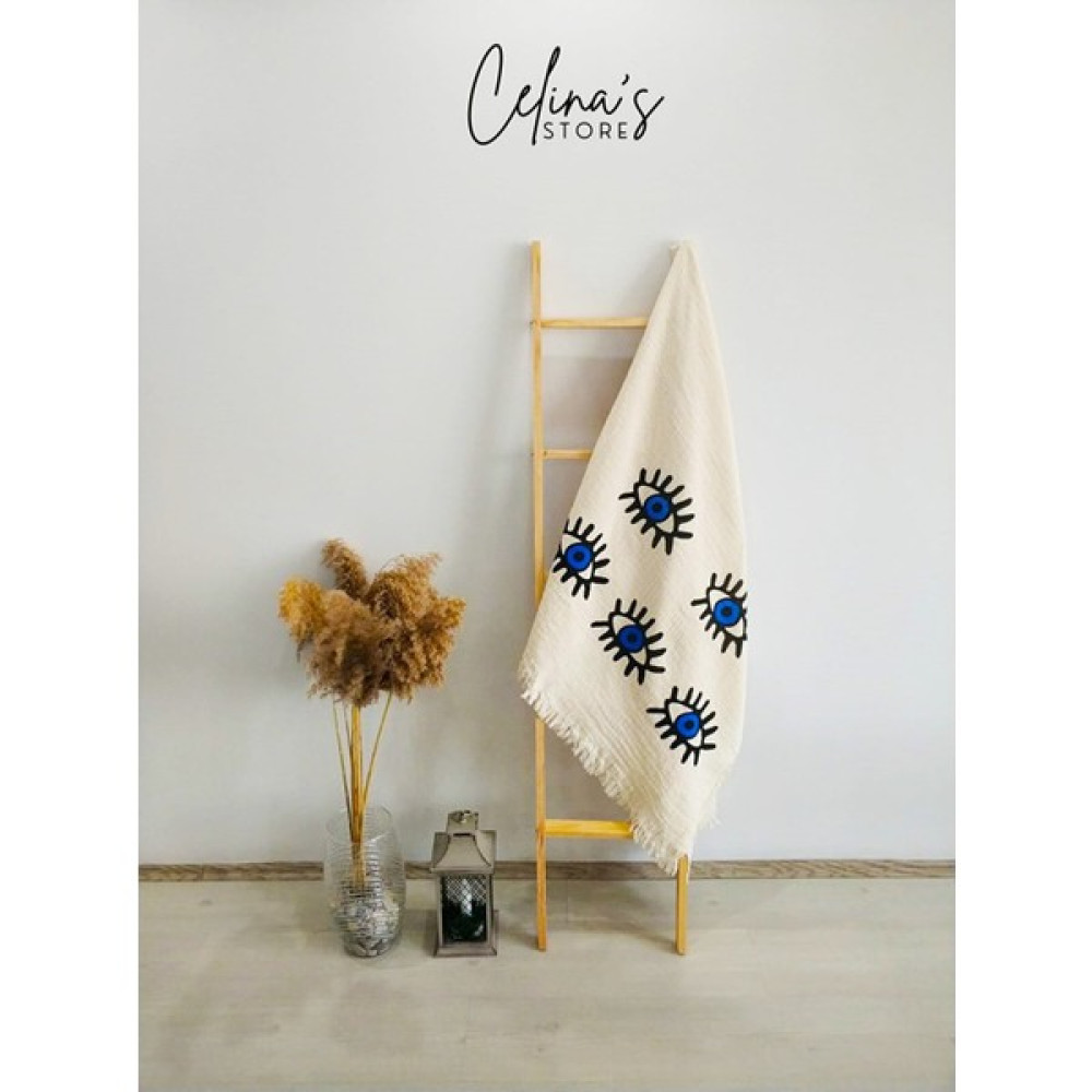 Celinas %100 Pamuk Otantik El Baskılı Mavi Göz Desenli Örtü Müslin Peştemal Plaj Havlusu- 90*180 cm - 90 x 180 cm - Ekru - Bej Peştamal Fiyatı