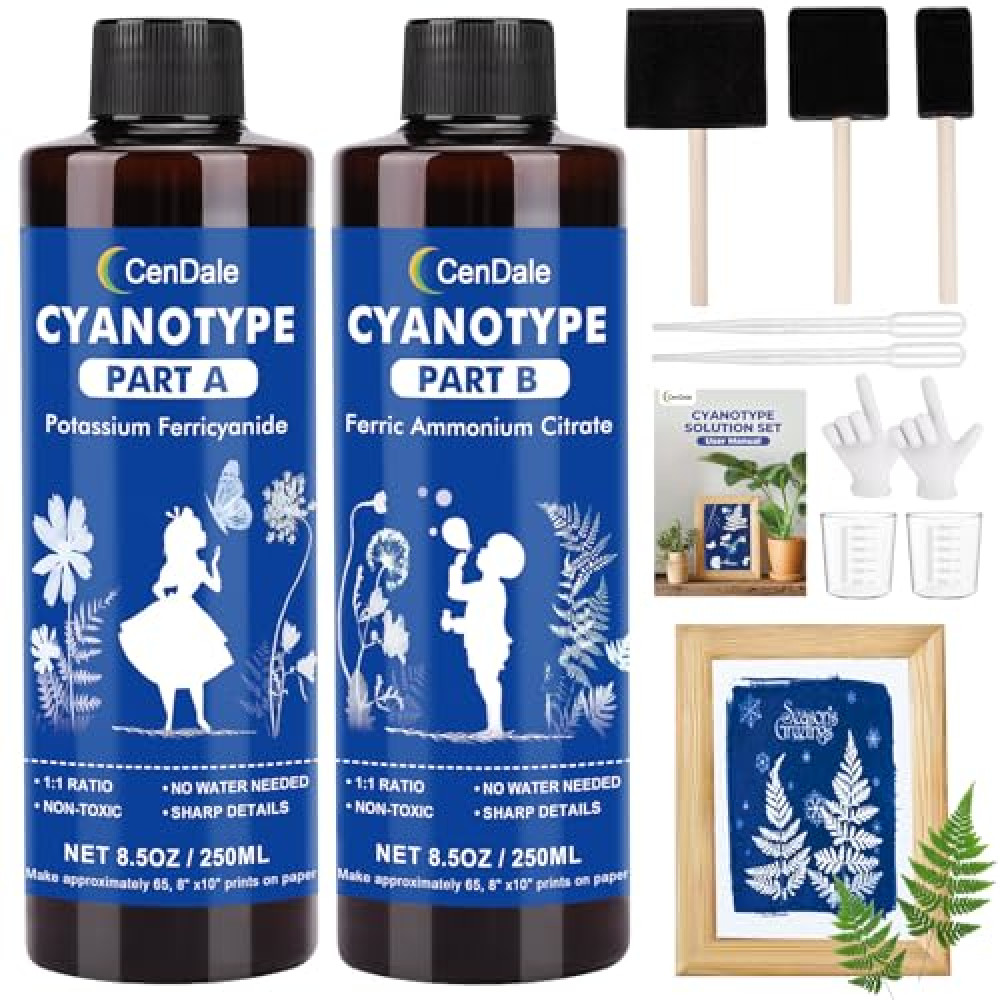 CenDale Cyanotype Kit - 17 OZ Cyanotype Solution Sensitizer Set for Sun Printing on Paper & Fabric, Cyanotype Set with 3 Sponge Brushes for Solar Photographic Blueprints (85 Prints on 8"x10" Paper)