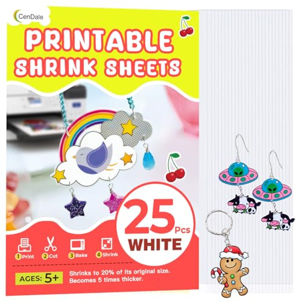 CenDale Printable Shrinky Dink Sheets - 25PCS A4 White Shrink Plastic Sheets for Inkjet Printer, Shrink Paper for Mother's Day Christmas Gift, Printable Shrink Film for Crafts (8.3 x 11.7 in, White)