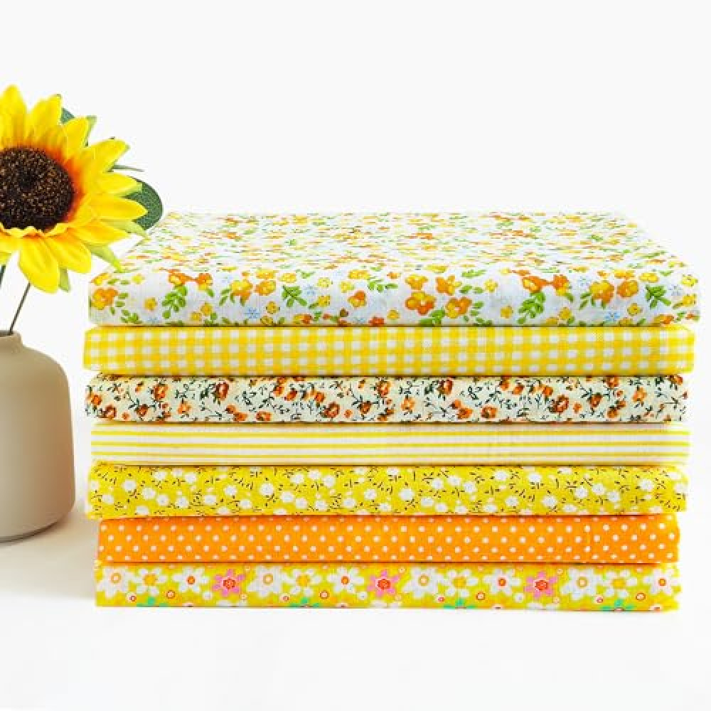 CEOWOIUN 7 Pcs Yellow Cotton Fabric Squares, 20x20 Inch Printed Floral Craft Fabric, for DIY Sewing Cloths，Quilts and Cushion Covers