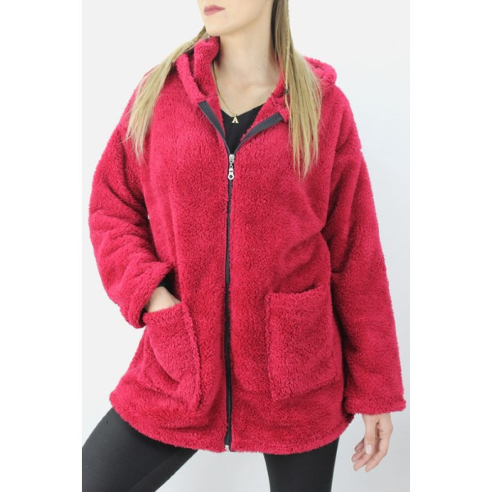 Cepli Fermuarlı Uzun Peluş Ceket Bordo - 1200.0130 Bayan Mont Fiyatı