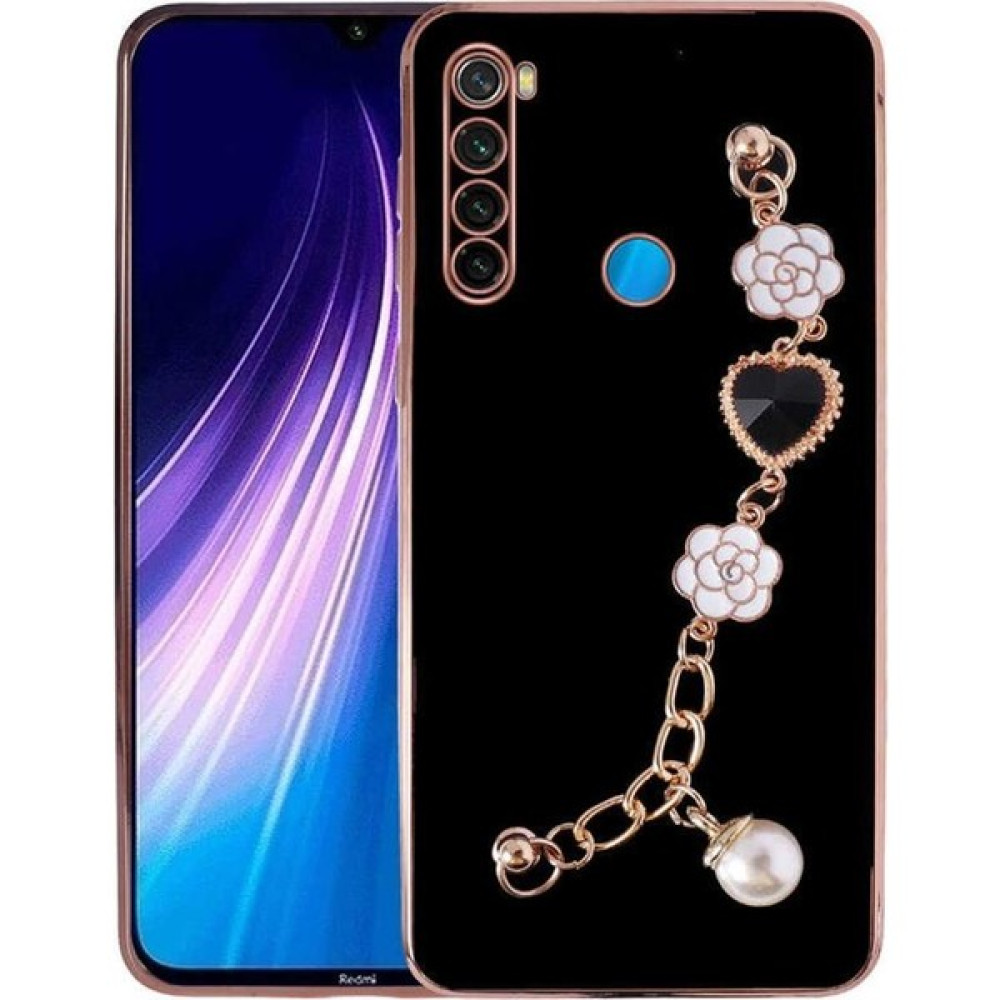 Ceponya Xiaomi Redmi Note 8 Kılıf Kalpli Çiçekli Bileklik Zincirli Kamera Korumalı Kenarları Gold Renk. Silikon - Siyah Cep Telefonu Kılıfı Fiyatı