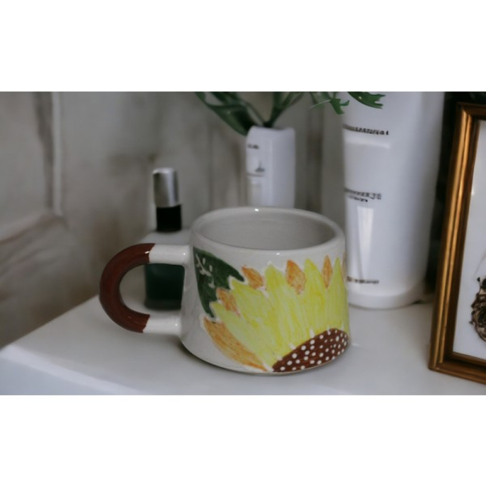 Ceramania Sarı Çiçekli Seramik Kupa - Beyaz - Yeşil - Sarı Fincan / Bardak / Kahve Takımı Fiyatı
