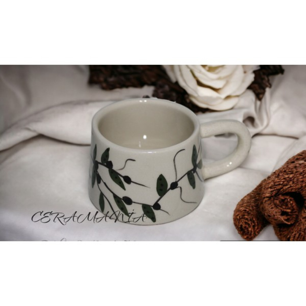 Ceramania Seramik Sır Altı Boya Eldekoru Zeytin Desenli Kupa - Beyaz -Yeşil - Siyah Fincan / Bardak / Kahve Takımı Fiyatı