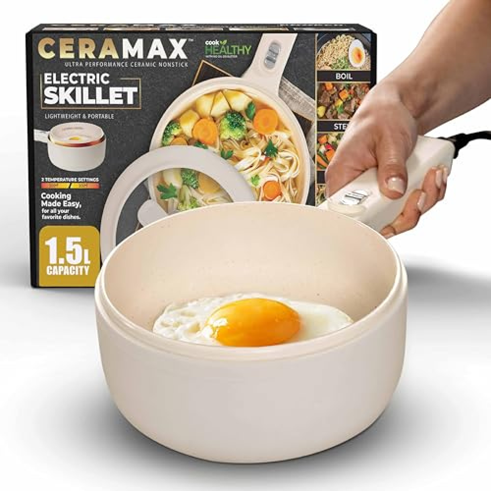 CERAMAX Electric Pot with Lid and Steamer, 1.5L Ceramic Hot Skillet, Ramen Cooker, Portable Nonstick Hotpot Cooker Frying Pan for Dorm Room Essentials, Camping, RVs, Work