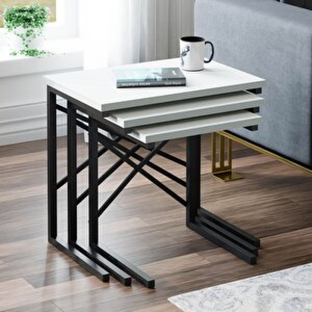 Ceramical Zg1 3'lü Zigon Sehpa, Metal Ayak, Beyaz Zigon Sehpa Fiyatı
