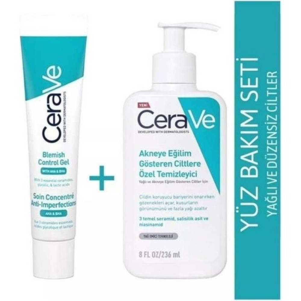 Cerave Akneli Cilt Yüz Bakım Jeli + Yüz Temizleyici Jel 236 ml - İkili Set Akne ve Sivilce Bakımı Fiyatı