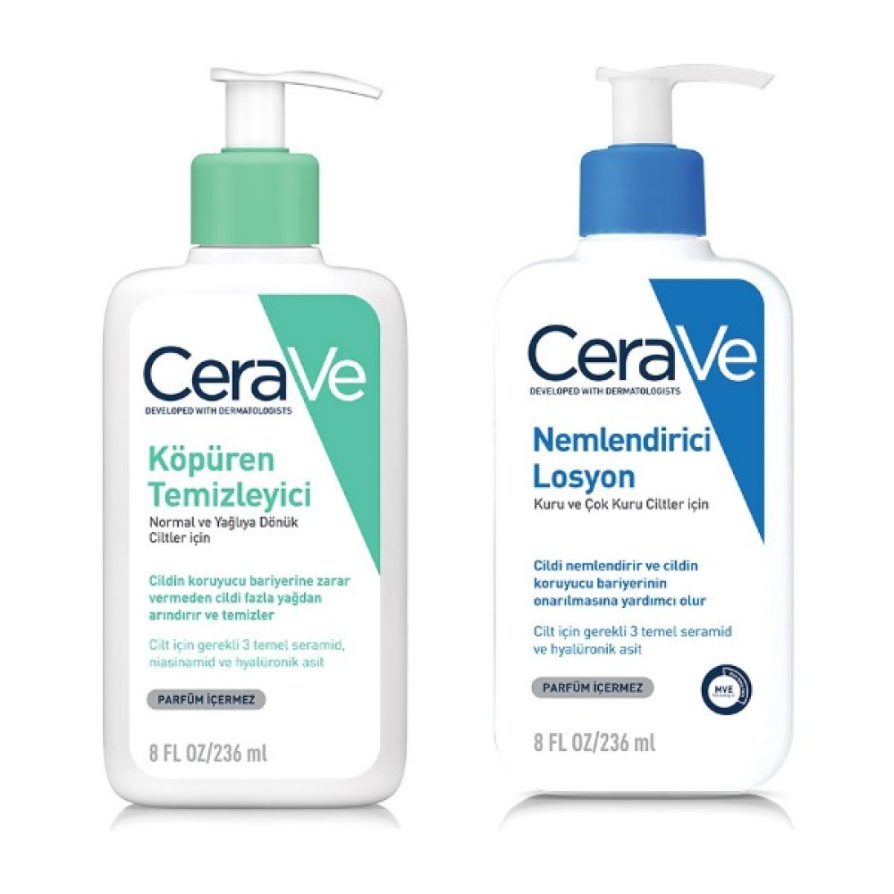 CeraVe Kuru Ciltler Için Hyalüronik Asit Içerikli Nemlendirici Losyon 236 ml + Köpüren Temizleyici Seramid Içerikli Normal & Yağlı Ciltler 236 ml Cilt Temizleme ve Peeling Fiyatı