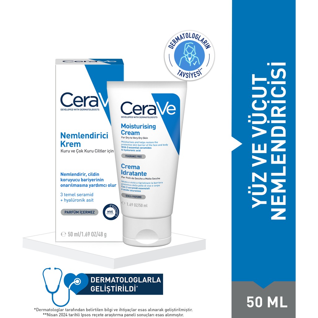 CeraVe Nemlendirici Krem Kuru Ciltler Seramid Ve Hyalüronik Asit Içerikli Yüz Vücut 50ml Cilt ve Yüz Bakımı Fiyatı