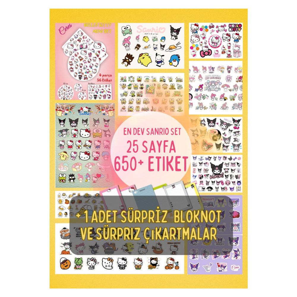 Ceres En Dev Sanrio Sticker Set Hello Kitty Kuromi 25 Syf 650+ Etiket + 1 Bloknot (bullet Journal) Etiket Fiyatı