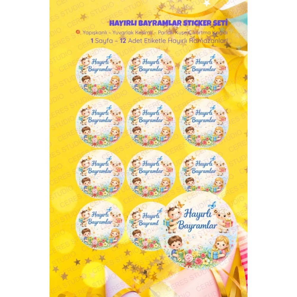 Ceres Studio Iyi Bayramlar Sticker Seti B-8 12 Adet Etiket | Yapışkanlı, Parlak Kuşe Çıkartma Kağıdı - 1 - Çok Renkli Okul Etiketi Fiyatı