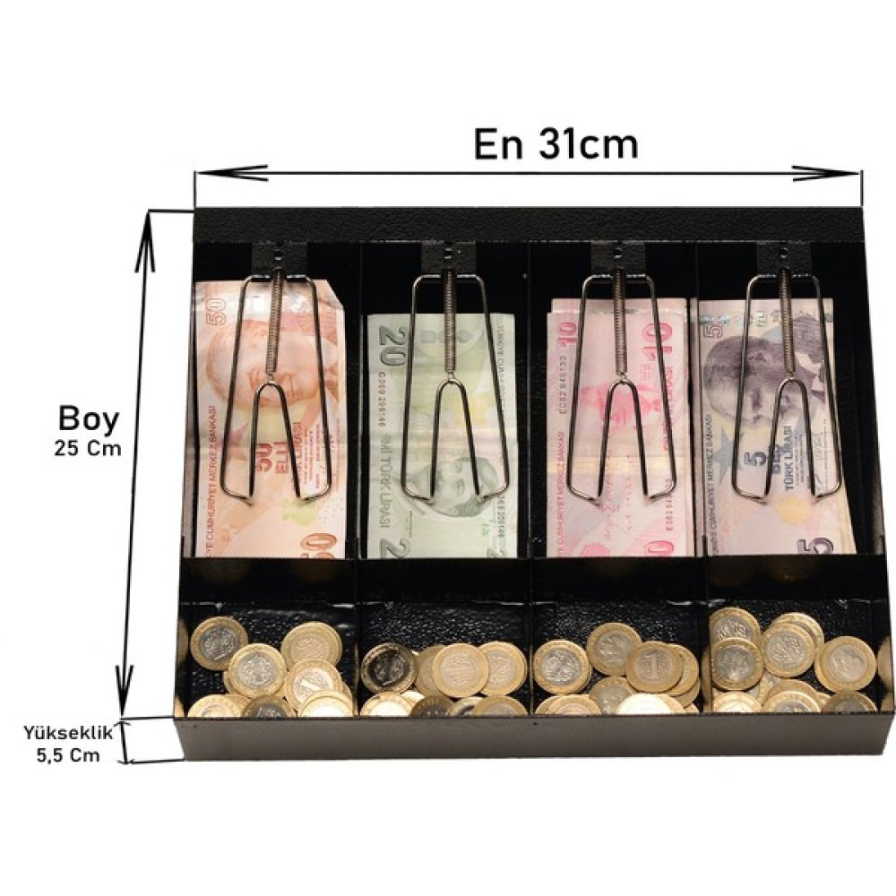 Çetka Metal Cekmece içi Metal Para Düzenleyici 4 Banknot 4 Bozuk Para Bölmeli Para Çekmecesi 31 x 25 x 5.5 cm Yazarkasa Fiyatı