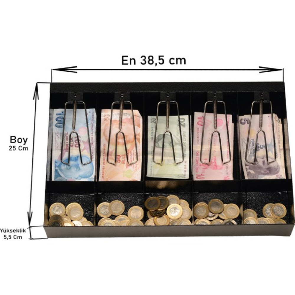 Çetka Metal Cekmece ici Metal Para Düzenleyici 5 Banknot 5 Bozuk Para Bölmeli Para Cekmecesı ici 38.5X25X5.5CM Yazarkasa Fiyatı