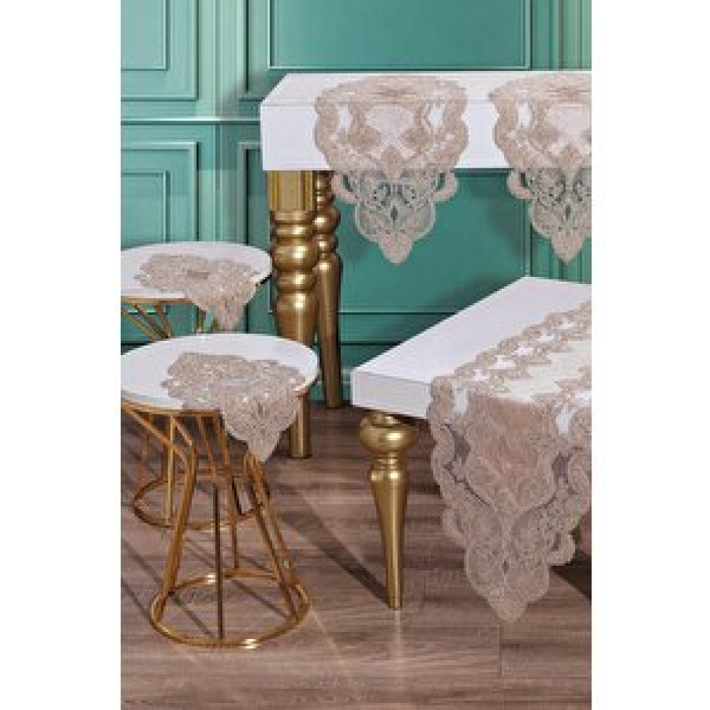 Çeyiz Diyarı Fransız Güpürlü Kadife Midye Salon Takımı 5 Parça Cappucino Runner Fiyatı
