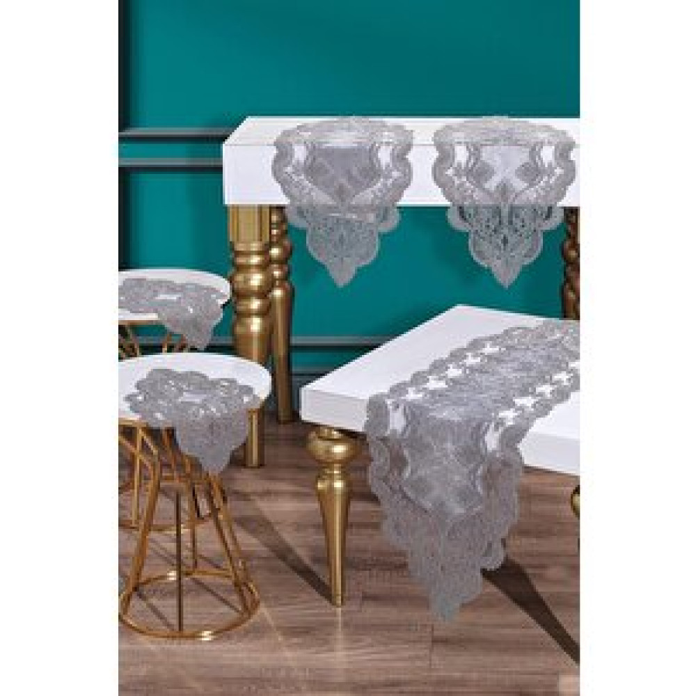 Çeyiz Diyarı Fransız Güpürlü Kadife Midye Salon Takımı 5 Parça Gri Runner Fiyatı