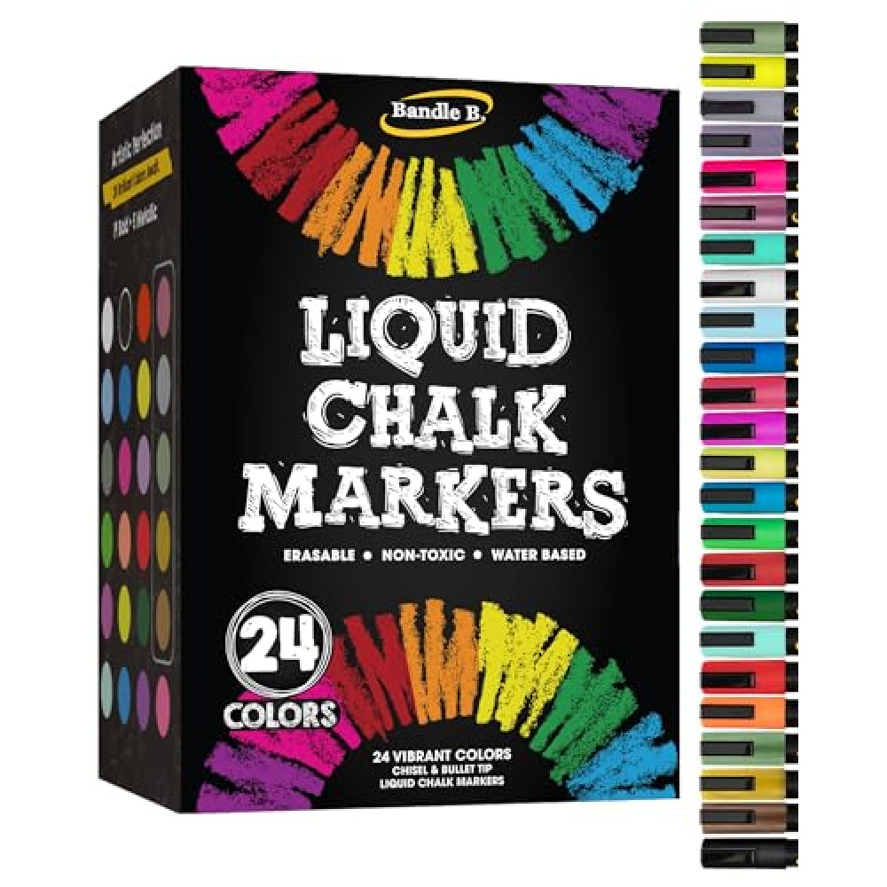 Chalk Markers - 24 Vibrant, Erasable, Non-Toxic, Water-Based, Reversible Tips, For Kids and Grown-Ups for Glass or Chalkboard Markers for Businesses, Restaurants, Liquid Chalk Marker (Vibrant 6mm) Chalk Fiyatı