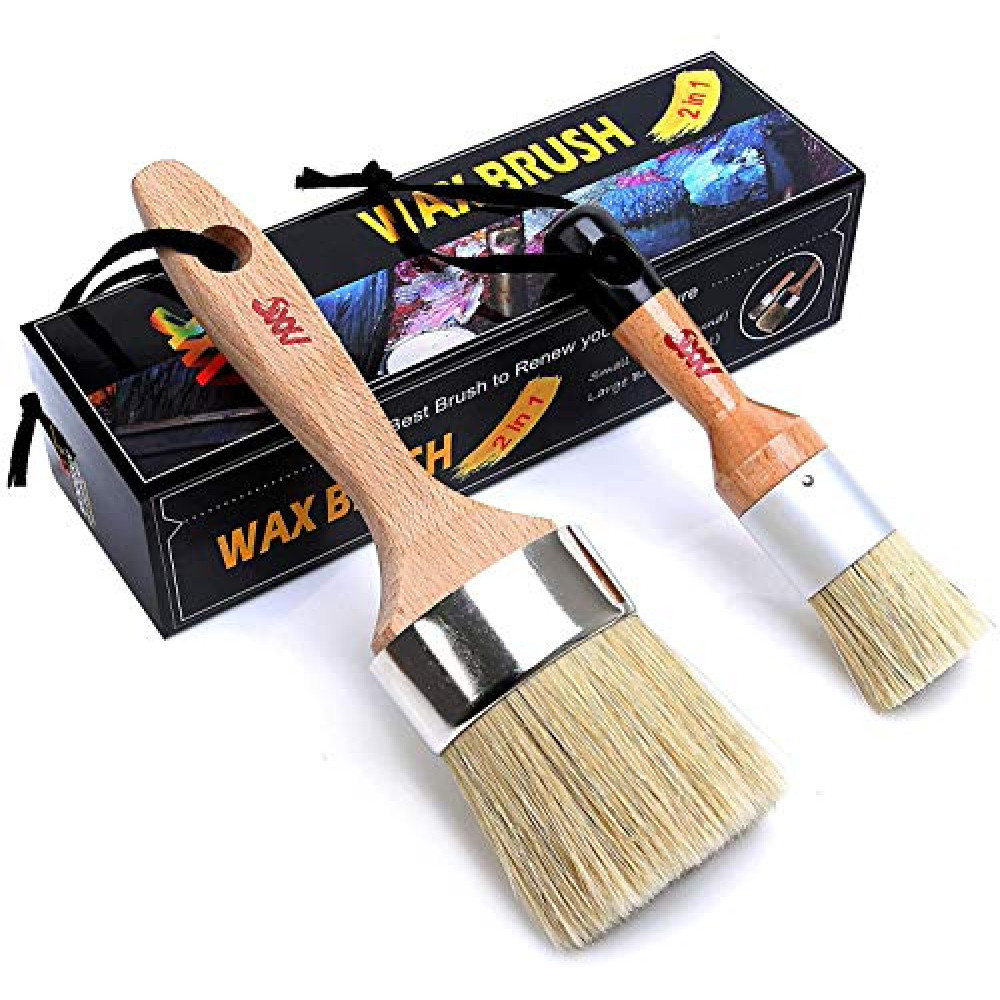 Chalk Paint Brushes Set, Pack of 2 Wax Brush - 2.5 Inches Large, Natural Bristles, Perfect for Furniture Painting, Stencils, Waxing - No Shedding, Superior Paint Pick-Up & Release (2)