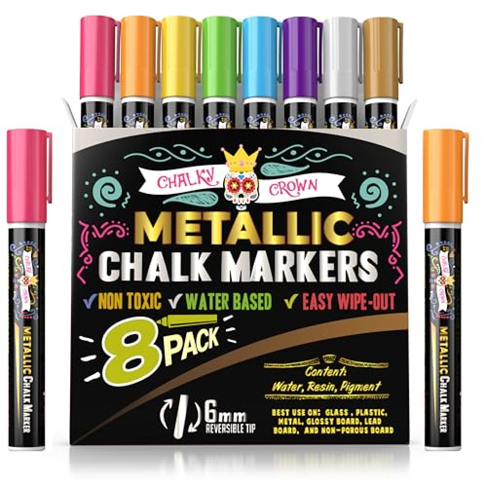 CHALKY CROWN Metallic Liquid Chalk Markers for Blackboard - Drawing Markers with Reversible Bullet and Chisel Tips - Dust Free Charlkboard Markers - Chalk Pens Mirror Pens (8 Pack)