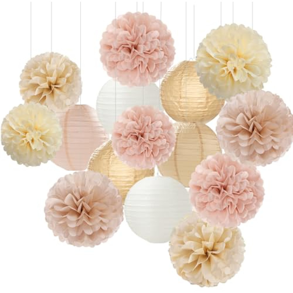 Champagne-Gold White Party-Decorations Paper-Flowers Lanterns - 15PCS Boho Fall Rustic Tissue Pom Poms Streamers,Wedding Baby Bridal Shower Neutral Autumn Birthday Hanging Supplies Decor Hugfond