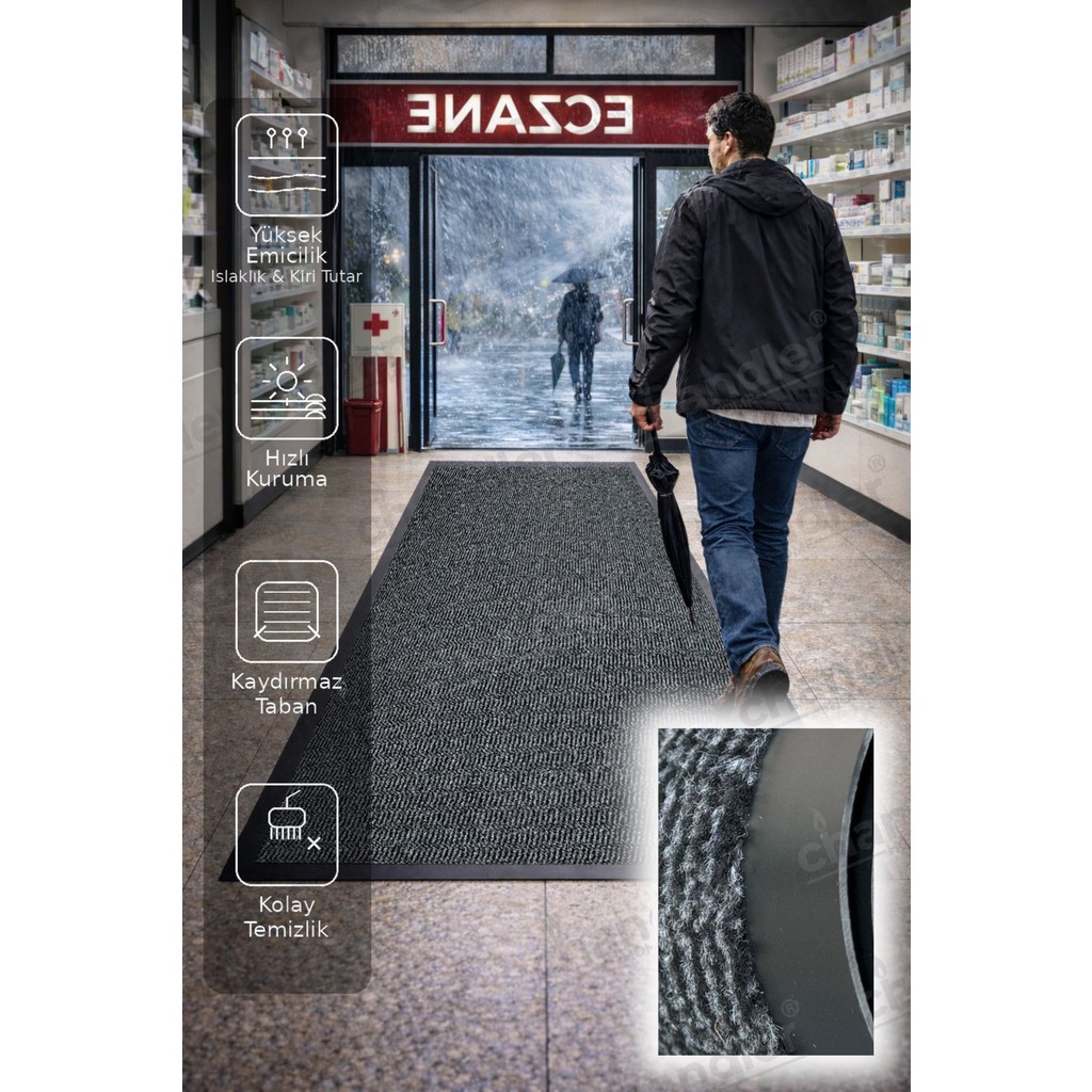 Chandler Home Sempre Koyu Gri, Kaymaz Taban, Kapı Paspası, Nem Alıcı Paspas, Işyeri Paspası, Apartman Içi Paspas - Koyu Gri - 120 x 240 cm Araca Özel Paspaslar Fiyatı