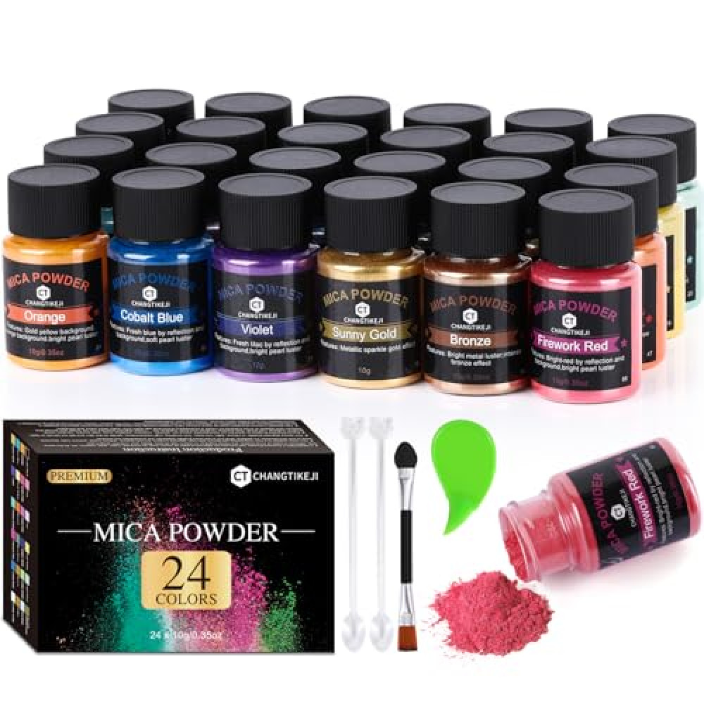CHANGTIKEJI Mica Powder，24 Colors - 10g/Bottle of Natural Pigment Powder for Epoxy Resin，Soap Making，Candle Making,Lip Gloss,Car Freshies,Dye,Nail Polish,Bath Bombs