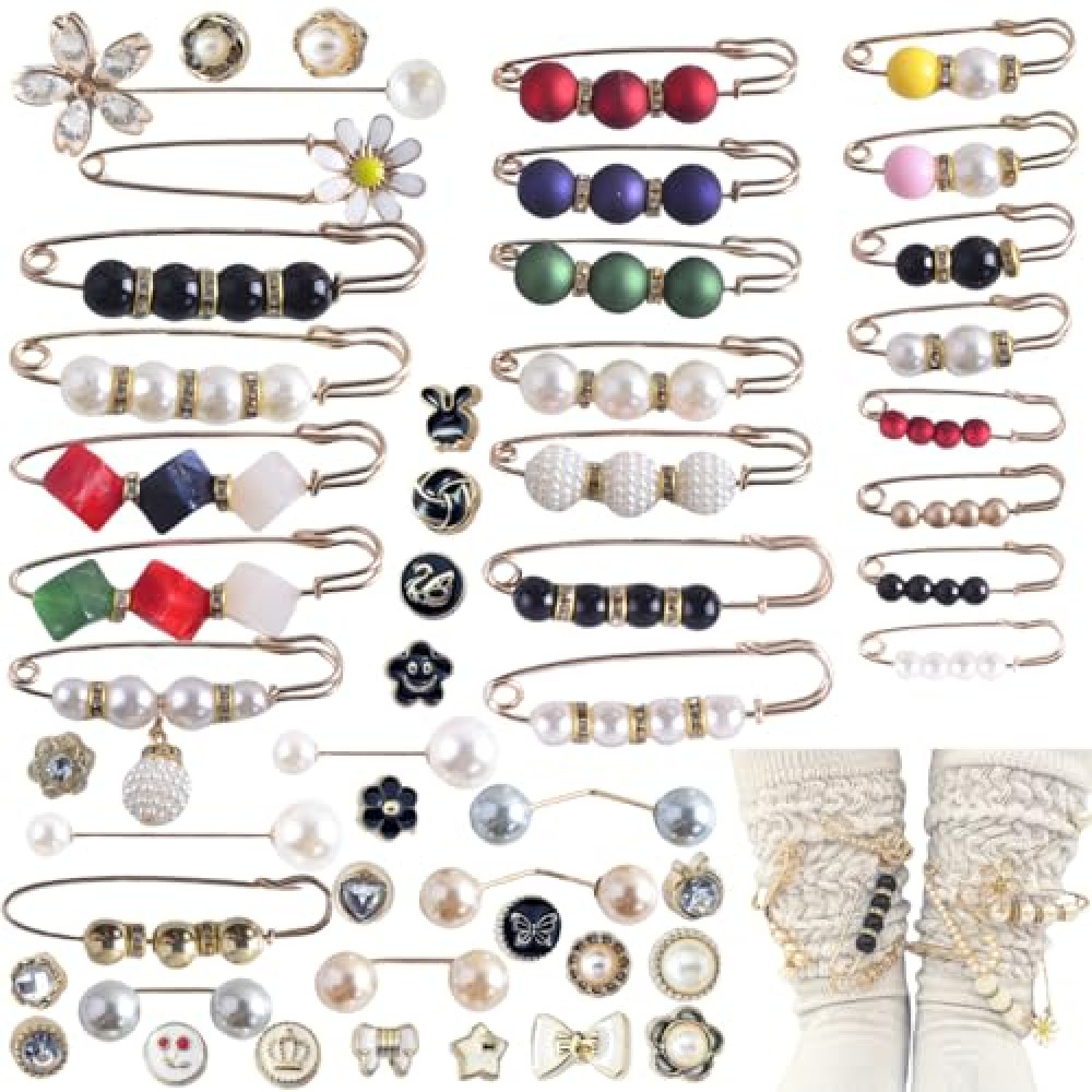 Charms for Socks 50pcs Brooches and Pins for Women Brooch Pins Button Pins Rhinestone Pearl bling Gold Junk Sock Jewelry Charms Brooch Pins Bulk Decorative Safety Pins for Shoes Clothes Hats Pant