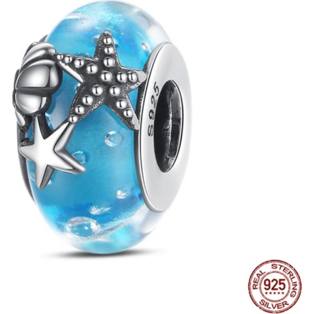 Charmy Accessory Deniz Kabuğu ve Deniz Yıldızlı Mavi Murano Charm| 925 Ayar Gümüş Saat ve Bileklik Aksesuarı Fiyatı