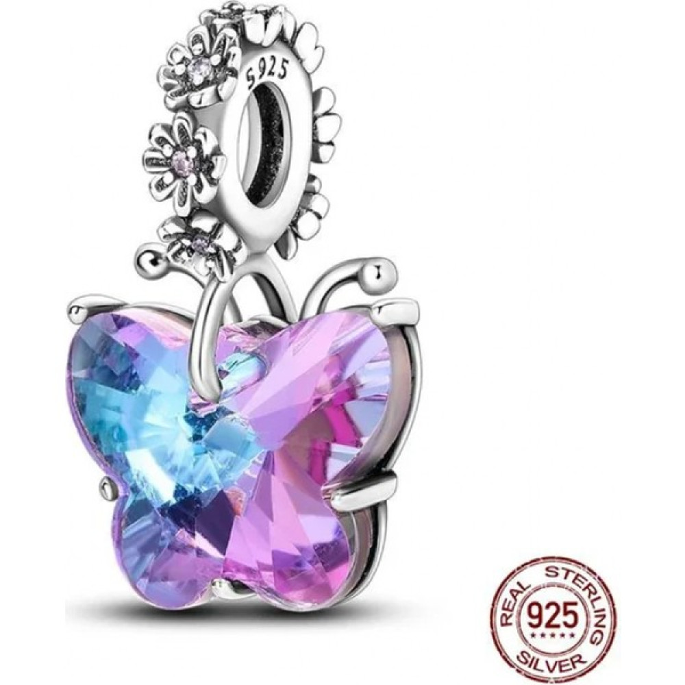Charmy Accessory Kristal Mavi Mor Kelebek Charm | 925 Ayar Gümüş Saat ve Bileklik Aksesuarı Fiyatı