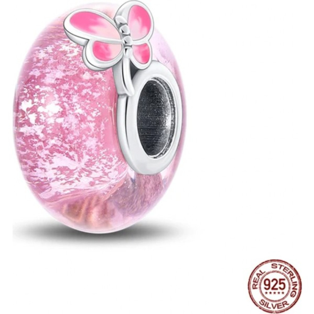 Charmy Accessory Pembe Kelebek Murano Charm | 925 Ayar Gümüş Saat ve Bileklik Aksesuarı Fiyatı