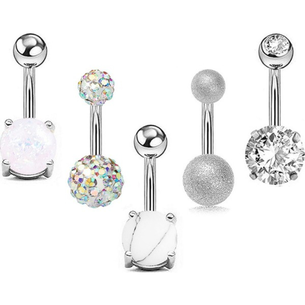 Chavin 5 Adet Taşlı Taşsız Cerrahi Çelik Göbek Piercing - Gümüş Altın & Gümüş Piercing Fiyatı