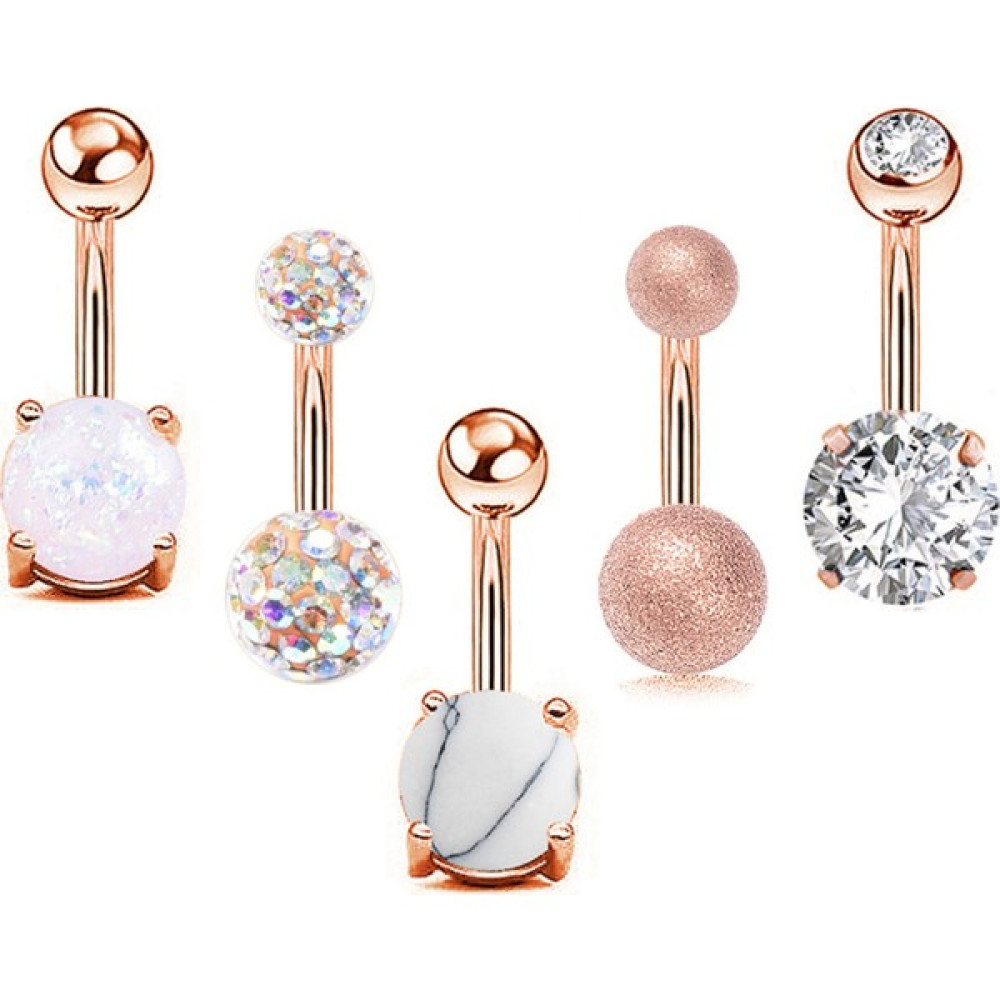 Chavin 5 Adet Taşlı Taşsız Cerrahi Çelik Göbek Piercing - Rose Altın & Gümüş Piercing Fiyatı