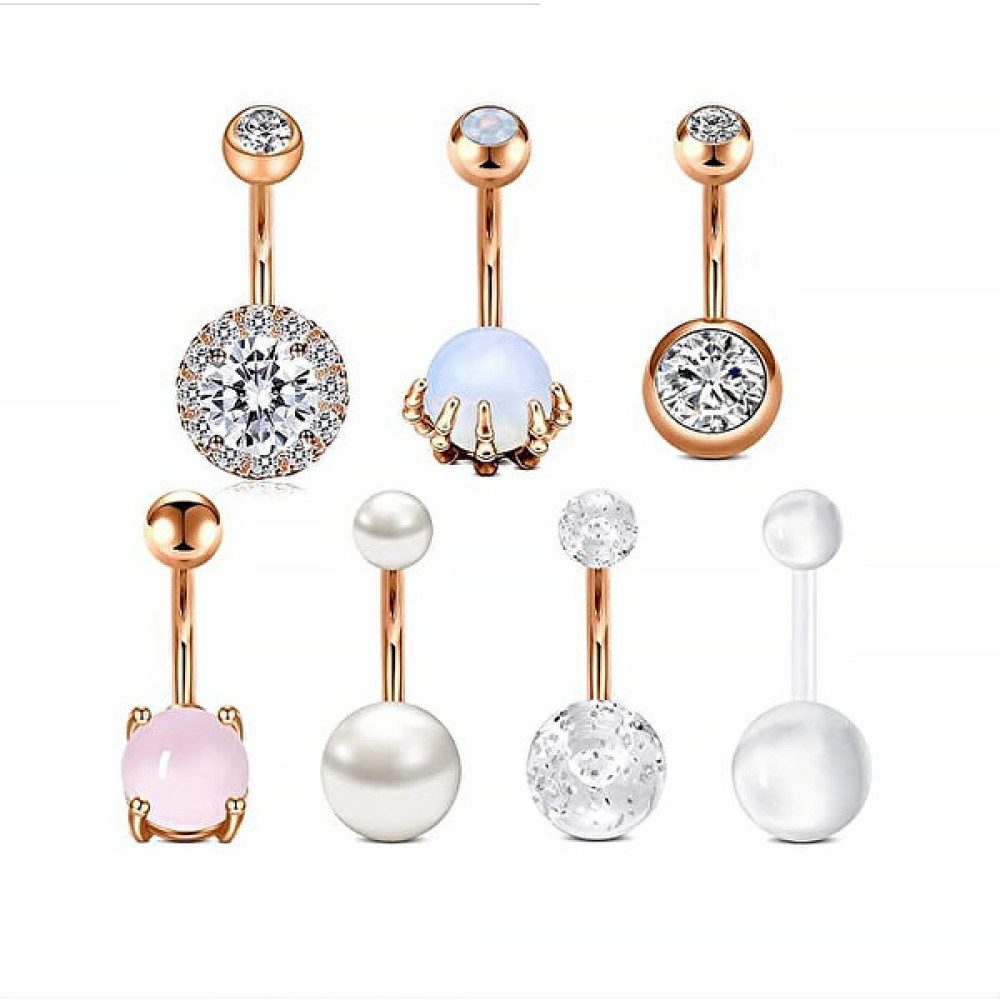 Chavin 7 Adet Doğal Taşlı Cerrahi Çelik Göbek Piercing EI37RS Altın & Gümüş Piercing Fiyatı