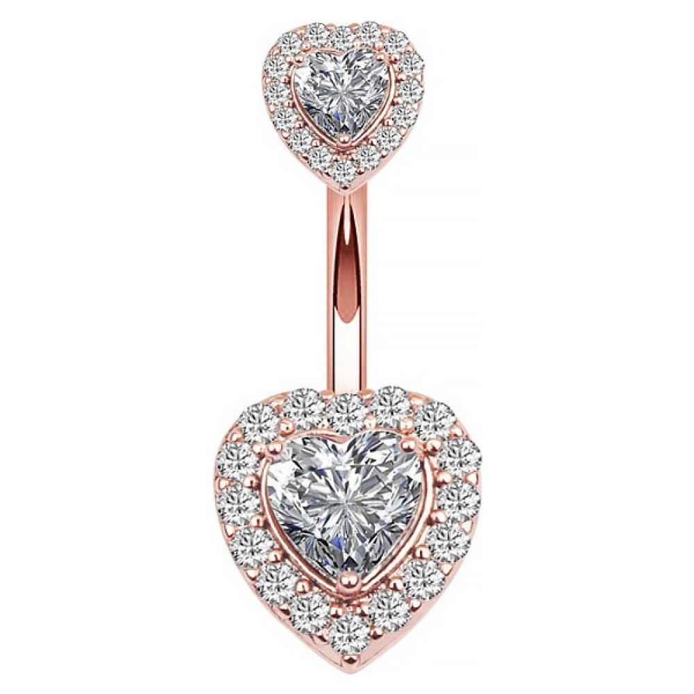 Chavin Çift Kalp Taşlı Komple Taşlı Göbek Piercing - Rose Altın & Gümüş Piercing Fiyatı