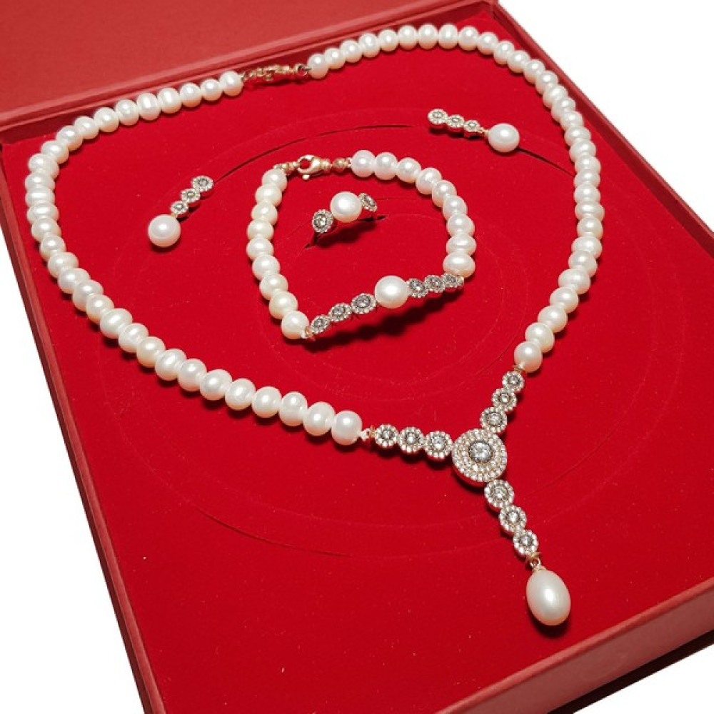 Chavin Inci Rose Gümüş Kolye Küpe Bileklik Yüzük Takım Set EI67 - Beyaz - Standart İnci Kolye Fiyatı