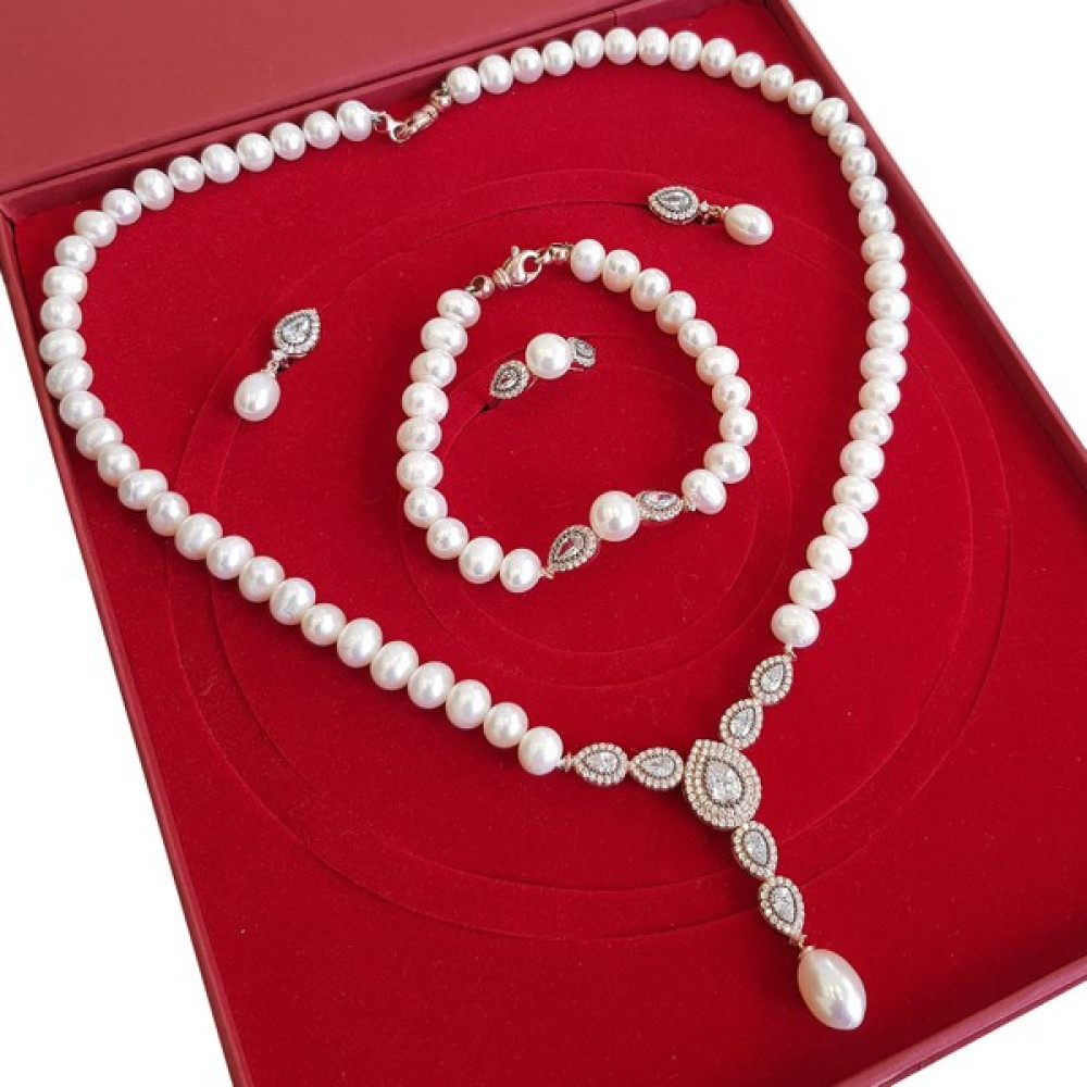 Chavin Inci Rose Gümüş Kolye Küpe Bileklik Yüzük Takım Set EI71RS - Standart İnci Kolye Fiyatı