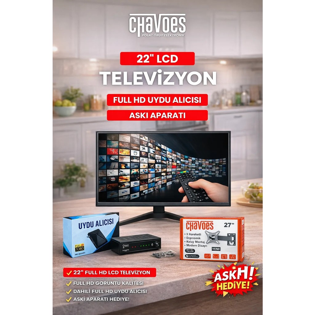 Chavoes 22 Inç Mutfak Televizyonu | Full Hd Uydu Alıcılı LCD Tv + Askı Aparatı TV Aksesuarları Fiyatı