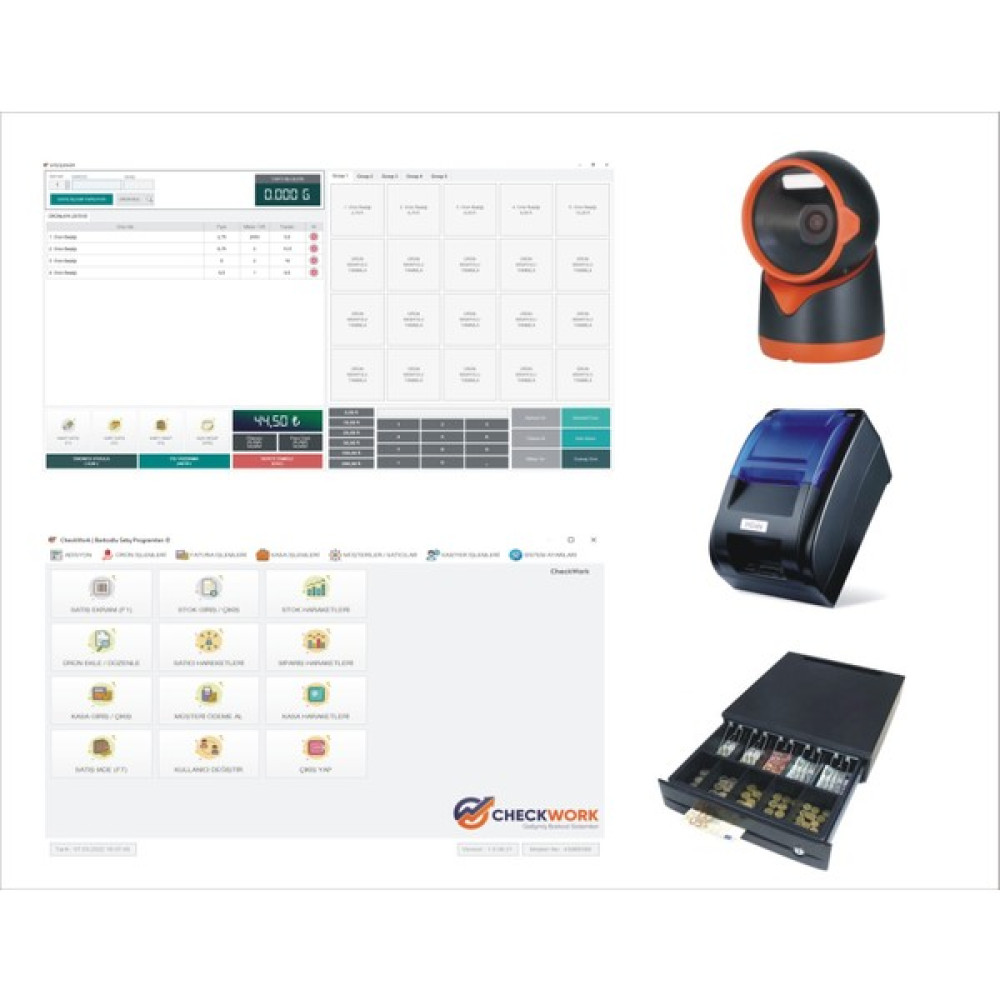 Checkwork Yazılım (Paket1) + Masaüstü Okuyucu + 58M Termal Fiş Yazıcı + 5 Gözlü Para Çekmecesi Barkod Sistemi Yazıcılar Fiyatı