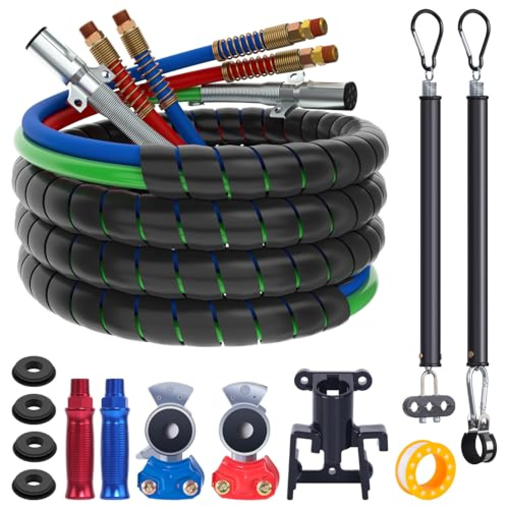 CheeMuii 15FT Semi Truck Air Line Kit with Gladhand Holder and Springs Kit Red & Blue Air Brake Hoses and 7 Way Trailer Cord 3-in-1 Air Lines Set for Semi Truck Trailer Tractor